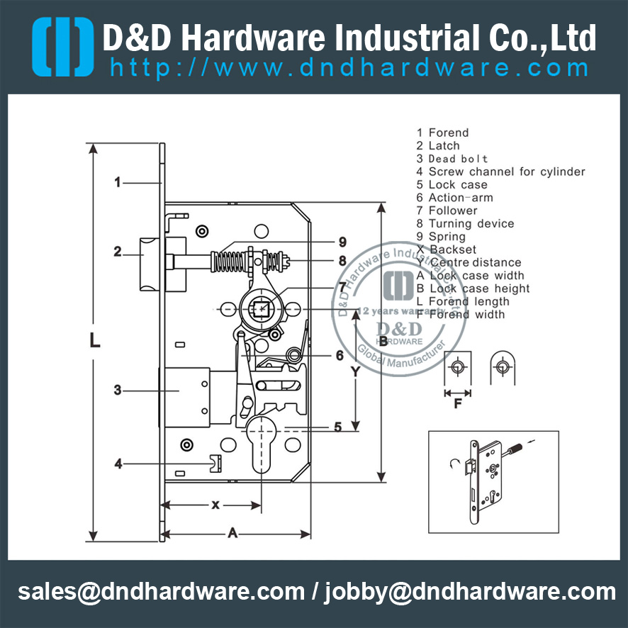Lock components and dimensions قفل المكونات والأبعاد