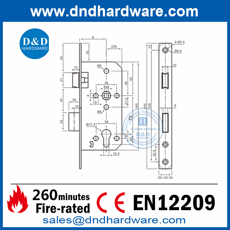 CE Mark SS304 Matte Black Black Fireproof Sash Lock-DDML009