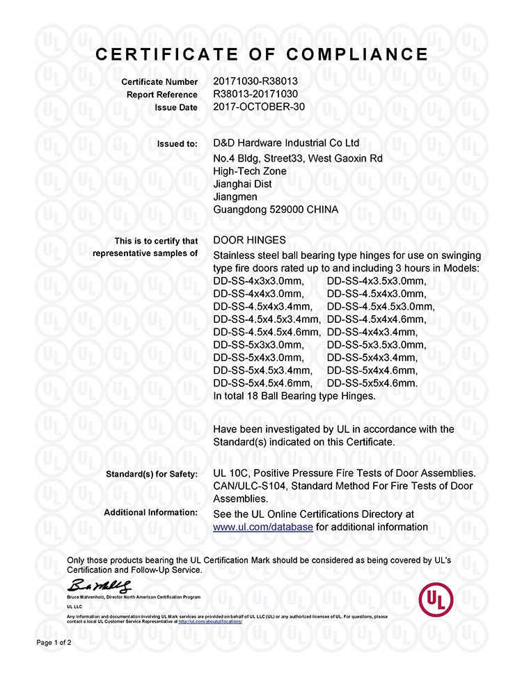 مفصلة الباب 316 الفولاذ المقاوم للصدأ عالية الجودة مع UL المدرجة- DDSS002-FR-4.5X4.5X3.4