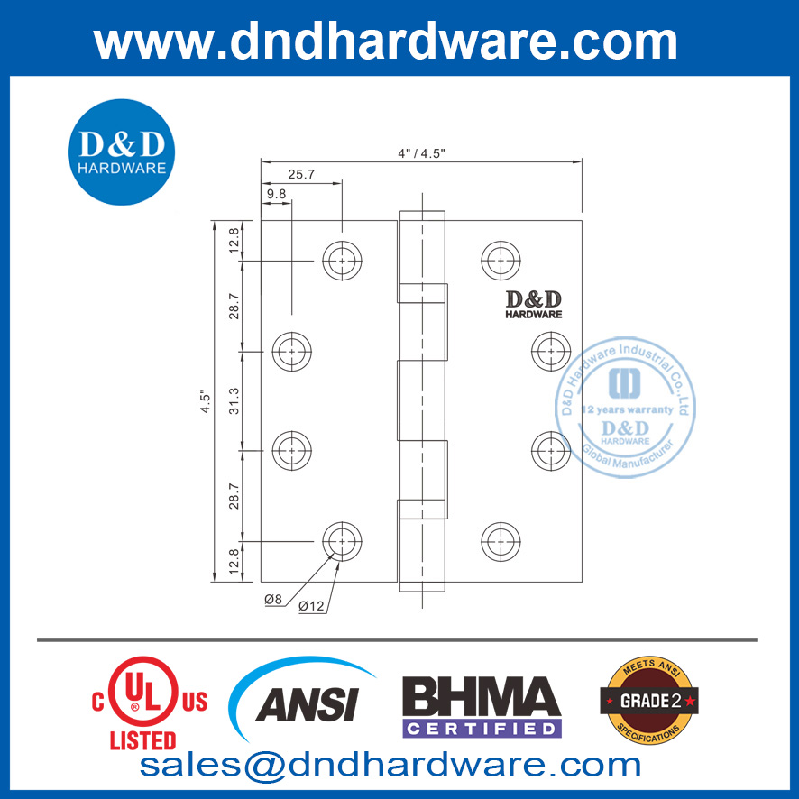 BHMA ANSI MATT Black Stainless Steel 304 NRP DOP HINGE-DDSS001-ANSI-2-4.5X4.5X3.4