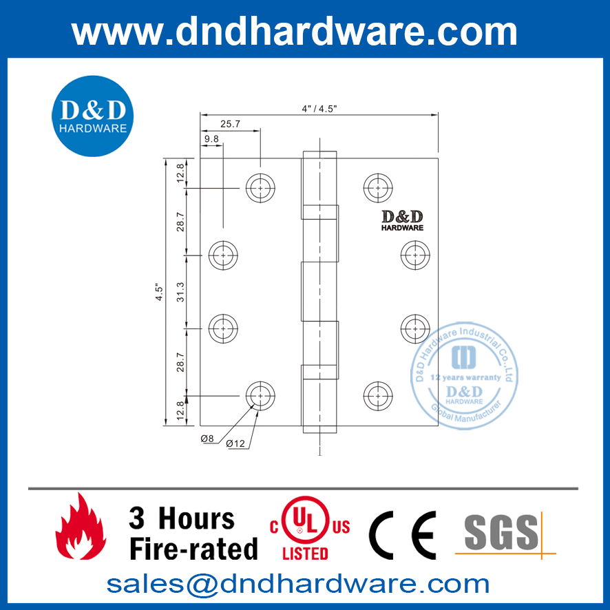 مفصلة الباب 316 الفولاذ المقاوم للصدأ عالية الجودة مع UL المدرجة- DDSS002-FR-4.5X4.5X3.4
